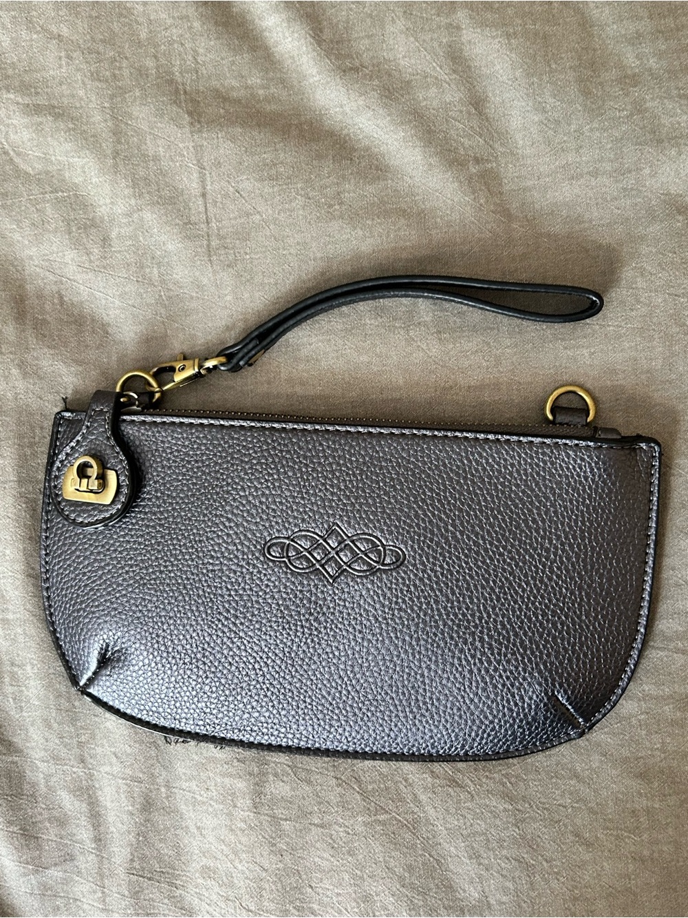 Wish Metallic Gray Pebbled Wristlet Clutch with Gold Hardware